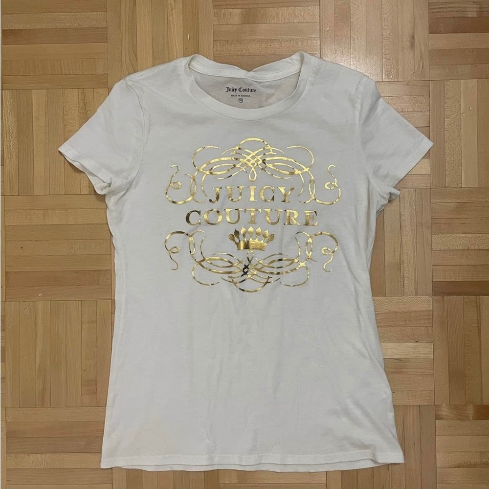 Juicy Couture Y2K Vintage White and Gold Fitted Graphic Tee